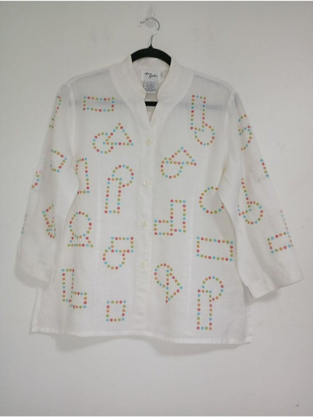 Vintage Ann Gerlin 100% Linen Button-Up Blouse Colorful Embroidered Shapes Sz 12